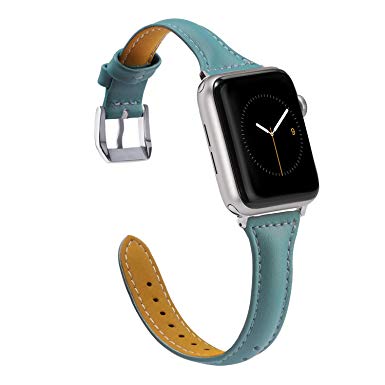 Wearlizer Blue Thin Leather Compatible with Apple Watch Bands 42mm 44mm iWatch Sport Strap Womens Mens Leisure Slim Wristbands Replacement Cool Bracelet (Metal Silver Buckle) Series 4 3 2 1 Edition