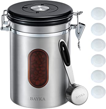 BAYKA Coffee Canister with Airtight Lid, Tawny Refill Window Coffee Container with Rotating Freshness Date, 6 Extra Exhaust Valves, Stores Whole Beans or Grounds, Includes Reusable Serving Spoon, 22 oz, Silver