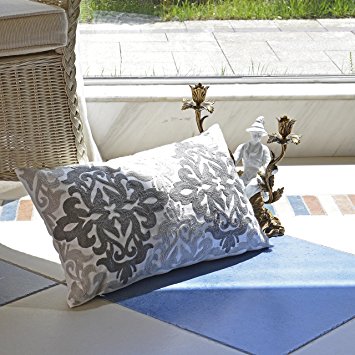 Pony Dance Rectangular Cotton Linen Vintage Accent Floral Embroidered Cushion Cover for Car 12"x18",Grey