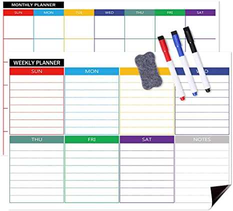 Dry Erase Calendar, Magnetic Calendars for Refrigerator, Monthly & Weekly Set, White Board Planner for Refrigerator & Wall, 3 Colored Magnetic Markers, 1 Eraser with Magnet