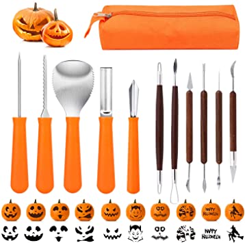 Ohuhu 21Pcs Halloween Pumpkin Carving Kit with Stencils, Professional Heavy Duty Stainless Steel Sculpting Tools with Carrying Bag for Adults & Kids, Halloween Decoration Jack-O-Lanterns