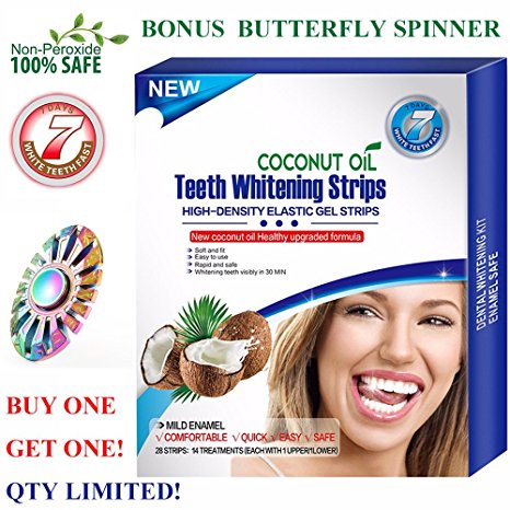 3D Effects Teeth Whitening Strips 30 Mins Gentle Routine, Onuge Professional High Density Coconut Oil Elastic Gel Dental Whitestrips Kit 14 Treatments for Bright White Enamel 100% Safe Non-Peroxide