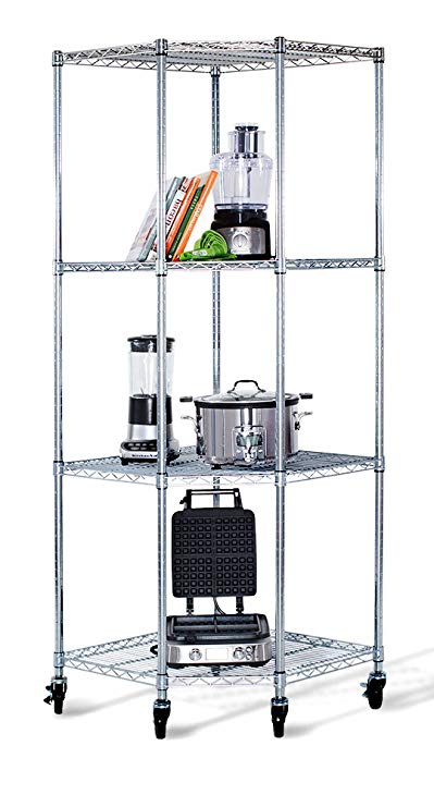 Trinity EcoStorage 4-Tier NSF Corner Wire Shelving Rack with Wheels, 27 by 17 by 13 by 17 by 72-Inch, Chrome