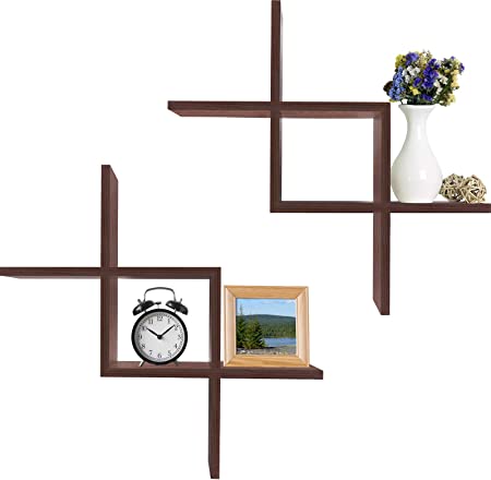 Greenco Set of 2 Criss Cross Intersecting Wall Mounted Floating Shelves- Walnut Finish
