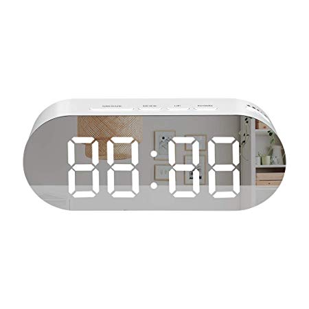 WELQUIC LED Digital Alarm Clock USB Desk Bedside Clock Mirror Screen Modern Numbers Design Snooze, Brightness Adjustable, White