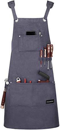 Housolution Work Apron, Premium Heavy Duty Waxed Canvas Tool Apron with Tool Pockets, Waterproof Oil-Resistant, Padded Shoulder & Cross-Back Straps, Adjustable M to XXL, Gray