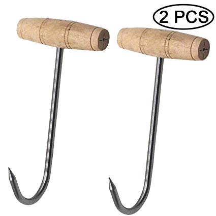 TIHOOD 2PCS 7.5 Inch T Shaped Boning Hooks with Wooden Handle, Meat Hooks for Butchering
