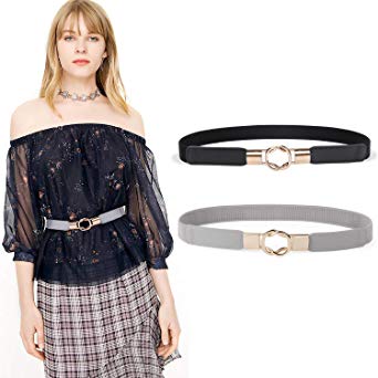 JASGOOD 2 Pack Women Retro Elastic Stretchy Metal Buckle Skinny Waist Belt 1 inch Wide