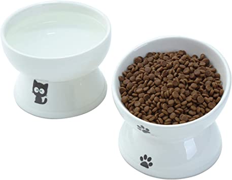 YY FOREYY Raised Cat Food and Water Bowl Set Anti Vomiting, Tilted Elevated Ceramic Cat Feeder Bowls with Anti Slip Band, Slant Porcelain Pet Dish for Flat-Faced Cats, Small Dogs, Dishwasher Safe