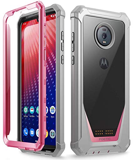 Moto Z4 Rugged Clear Case, Poetic Full-Body Hybrid Shockproof Bumper Cover, Built-in-Screen Protector, Guardian Series, Case for Motorola Moto Z4 (2019 Release), Pink/Clear