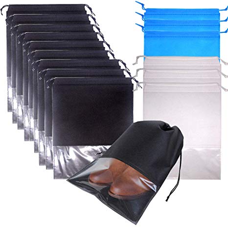 FashionBoutique 16 Pack Extra Large Shoe Bags with Clear Window Portable Travel Shoe Bags Waterproof Non-Woven Travel Storage Bag for Men Women (Black/White/Blue)
