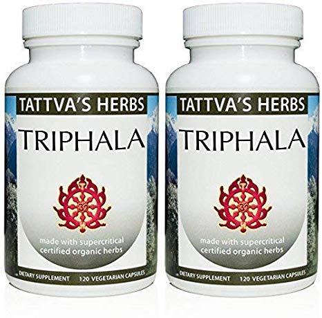 Organic Triphala Raw - Non GMO Laxative, Constipation, Aids Weight Loss, Improves Reproductive Health, Vitamin C Supplement 500 mg 240 Vcaps (2 Pack -120 ct.) 2 Month Supply From Tattva's Herbs