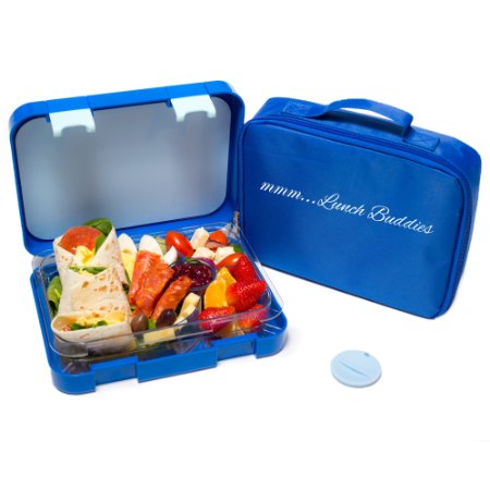 Bento Lunch Box-Blue- by mmm...Lunch Buddies-Double Leak Proof Container-New Dual Latch-Great for Kids or Adults-Carrying Lunch Bag-Healthy Portion Plate-4 Compartment-Microwave-Dishwasher
