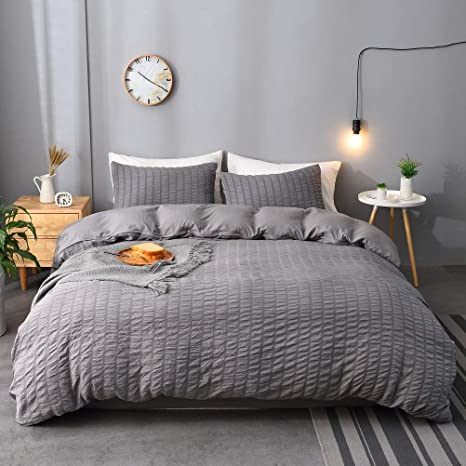 M&Meagle 3 Pieces Dark Grey Duvet Cover Textured Set with Zipper Closure,100% Washed Microfiber Seersucker Fabric,Luxury Hotel Quality Bedding-Queen Size(1 Duvet Cover 2 Pillowcases)