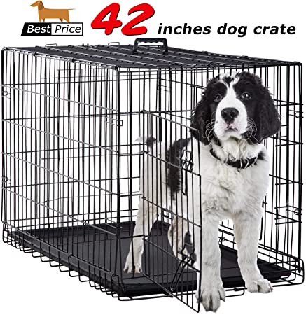BestPet Large Dog Crate Dog Cage Dog Kennel Metal Wire Double-Door Folding Pet Animal Pet Cage with Plastic Tray and Handle