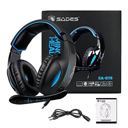 Gaming Headset for Xbox One, PS4, PC, Controller, Sades SA816 Over ear Headphones stereo surround sound, In-Line Control, Noise Cancelling Microphone Black Blue