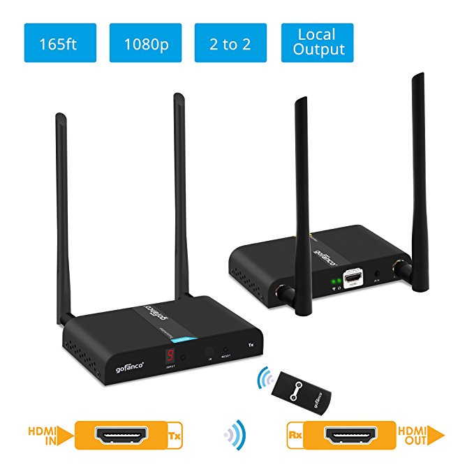 gofanco Multi Channel Wireless HDMI Extender 165ft 1080p (1 transmitter & 1 receiver) with HDMI Loopout Dual Antenna Up to 2x2 (2 TX & 2 RX) 5GHz 10 channels, 50m, IR extension (HDwirelessMulti)