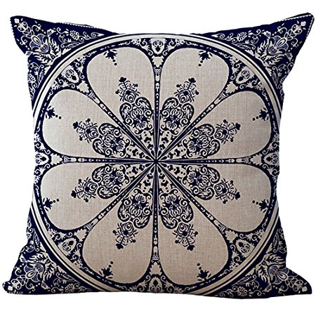 ChezMax Blue and White Porcelain Chair Back Cushion Cover Linen Throw Pillow Case Cotton Pillowslip Square Decorative Pillowcase For Couch Lounge Retro Flower 18 X 18''