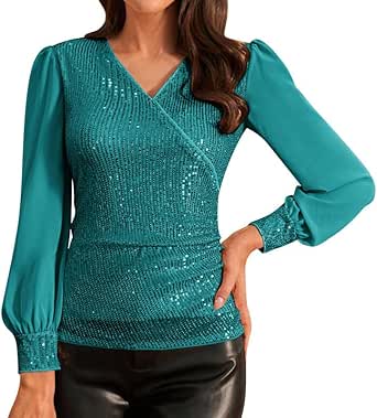 GRACE KARIN Womens Sequin Dressy Tops Chiffon Light Long Sleeve Glitter Sparkly Shimmer Party V-Neck Slim Fit Blouse