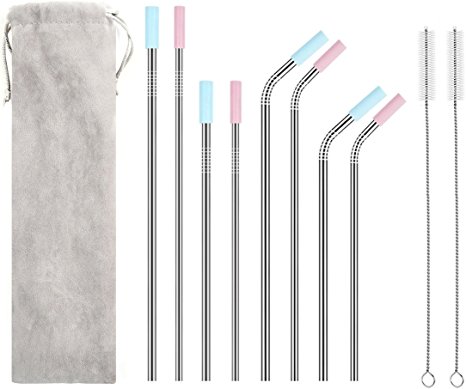Wantell Set of 8 Stainless Steel Straws BPA Free Reusable Drinking Straws for 30oz 20oz Tumbler 10.5’’ 8.5’’ Diameter 0.24’’ 0.31’’ with 8 Silicone Tips 2 Cleaning Brushes and Pouch(4 bent 4 straight)