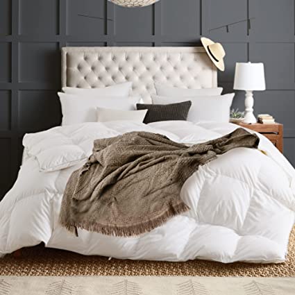 KASENTEX All Seasons 100% Cotton Goose Down and Feather Duvet Insert - Soft Fluffy White Comforter, 90x90 Queen Size Comforter with 60x50 Brown Throw