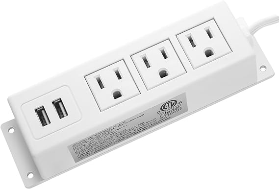 3 Outlets Wall Mount Power Outlet Strip with USB, Under Desk Power Strip Mountable Large Flat Plug, Desk Mount Power Strip with 6FT Power Cord White.