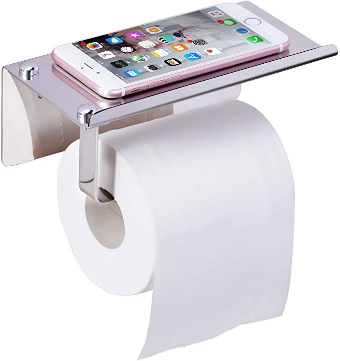 WOTWRE Toilet Paper Holder, Polished Chrome Paper Towel Holder SUS304 Stainless Steel Self Adhesive Modern Bathroom Tissue Paper Holder with Mobile Phone Holder Storage Shelf