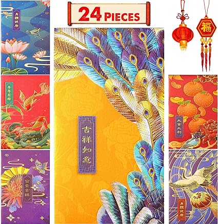 24 Pieces 2023 Chinese New Year Red Envelopes Red Packet Envelopes Hongbao Gift Chinese Style Lucky Money Envelope for Spring Festival (Peacock and Orange Style)