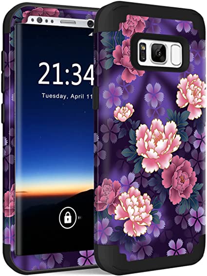 Hocase Galaxy S8 Plus SM-G955 Case, Heavy Duty Protection Shock Absorbing Silicone Rubber Bumper Hard Plastic Hybrid Dual Layer Protective Case for Galaxy S8 Plus 6.2" 2017 - Voilet Flowers/Black