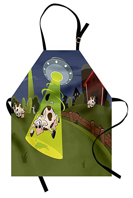 Ambesonne Cartoon Apron, Farm Warehouse Grass Fences Cow Alien Abduction Funny Comics Image Artwork Print, Unisex Kitchen Bib with Adjustable Neck for Cooking Gardening, Adult Size, Green