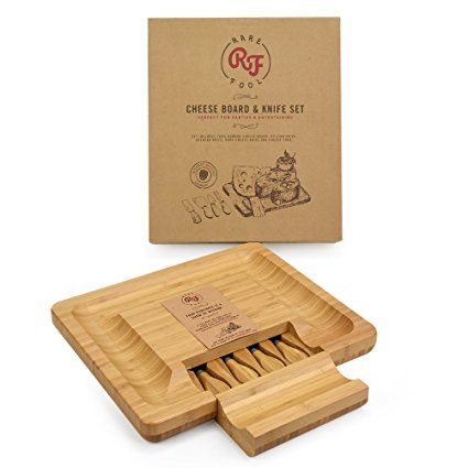 Cheese Board and Knife Set 4-Piece Square 100% Natural Bamboo with Slide-Out Drawer