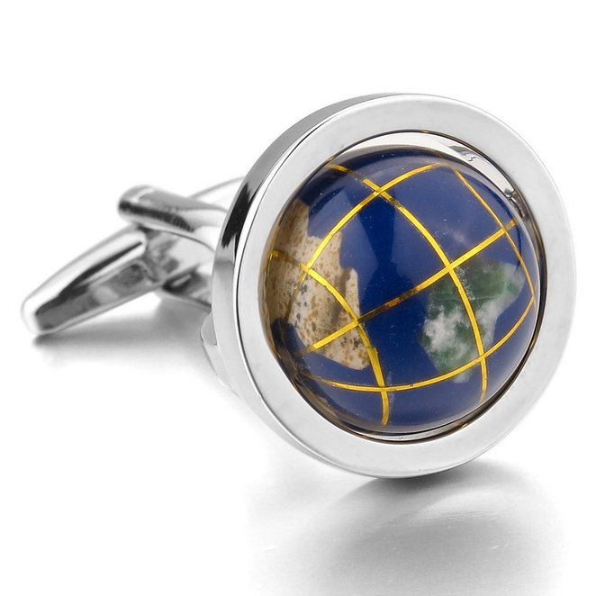 Men's Rhodium Plated Cufflinks Silver Blue Globe Shirt Wedding (with Gift Bag)