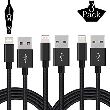 Lightning Protection Cable, Hoperain 3 Pack 3FT Heavy Duty Nylon Braid Lightning to USB Cable Charger for iPhone 7/7 Plus / 6 / 6s / 6Plus / 6s Plus / 5 / 5c / 5s / SE(Black)