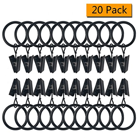Alamic 1" Curtain Clip Rings Strong Metal Decorative Drapery Rings, Window Curtain Ring with Clips, Rustproof, Black - 20 Pack