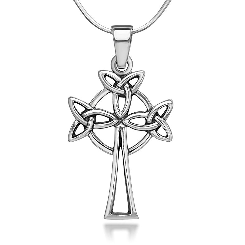 925 Sterling Silver Trinity Triquetra Celtic Knots Symbol Cross Unisex Pendant Necklace, 18 inches