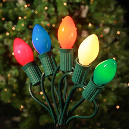 25FT Outdoor C7 Multicolored Ceramic Christmas Lights String Set - Indoor/Outdoor Christmas Light String - Christmas Tree Lights - Hanging Christmas Lights - Outdoor Patio String Lights - Green Wire