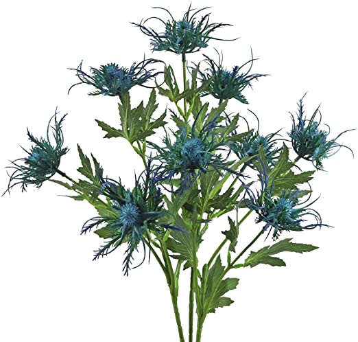 Artificial Thistle Flowers Blue Eryngium Flowers 3 Long Stems Faux Thistles Bunch Faux Plant Wedding Bouquet Centerpiece Home Kitchen Office Garden Decor