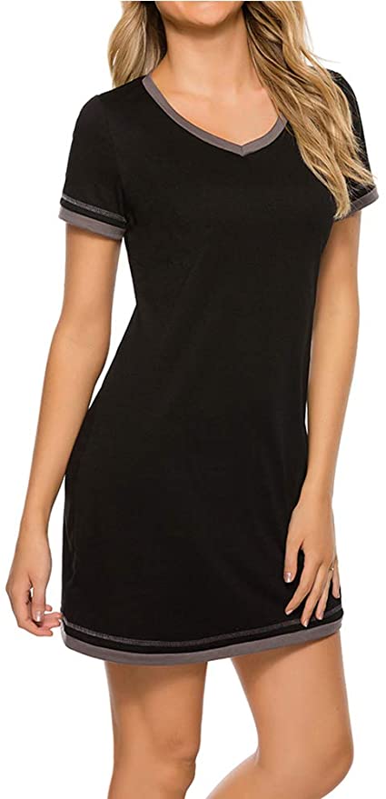 Fanuerg Womens Nightgown Cotton Sleep Shirts Dress V Neck Short Sleeve Soft Chemise Nightshirt S-XXL