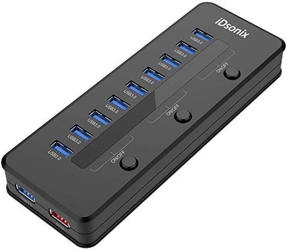 iDsonix 10 Port USB3.0 Hub with One Charging Port, Three Individual Power Switches and AC Power Adapter for Windows/Linux/Mac OS/Vista