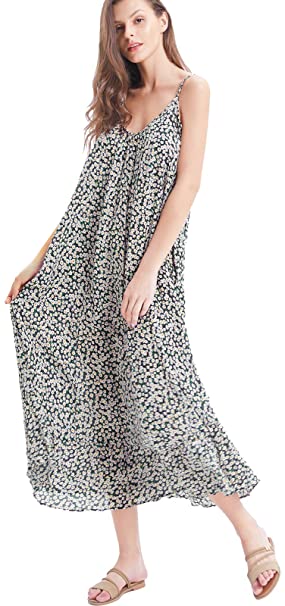 BUENOS NINOS Women's V Neck Floral Maxi Dress Boho Printed Adjustable Spaghetti Strap Ethnic Beach Long Dress with Pockets