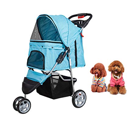 Dporticus 4 Wheel Pet Stroller Foldable Two-Seater Carrier Strolling Cart for Dog、 Cat and More Multiple Colors