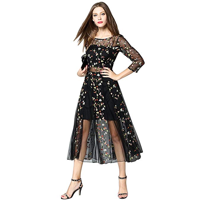 DEZZAL Women's Floral Embroidered Sheer Evening Cocktail Dress