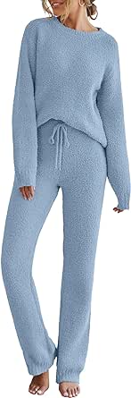 MEROKEETY Womens Fuzzy Fleece Long Sleeve 2 Piece Loungewear Outfits Sweater Pants Pajama Sets