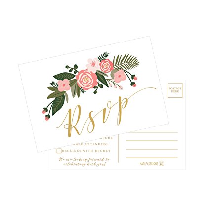 50 Blank Gold Floral RSVP Cards, RSVP Postcards No Envelopes Needed, Response Card, RSVP Reply, RSVP kit for Wedding, Rehearsal, Baby Bridal Shower, Birthday, Plain Bachelorette Party Invitations