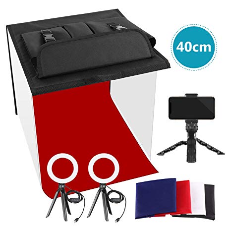 Neewer Photo Studio Box, 16x16inches Table Top Photo Light Box Continuous Lighting Kit with 3 Tripod Stands 2 LED Ring Lights, 4 Color Backdrops and a Phone Holder for Product Jewelry Food Photography