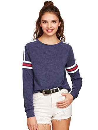 Romwe Women's Heather Varsity Stripe Raglan Sleeve Pullover Sweatshirt