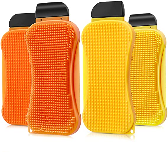 4 Pieces Silicone Sponges 3 in 1 Versatile Silicone Cleaning Brush Kitchen Sponge Dishwashing Scrubber Multi-Purpose Scraper for Dish, Kitchen and Bathroom Cleaning (Yellow, Orange)