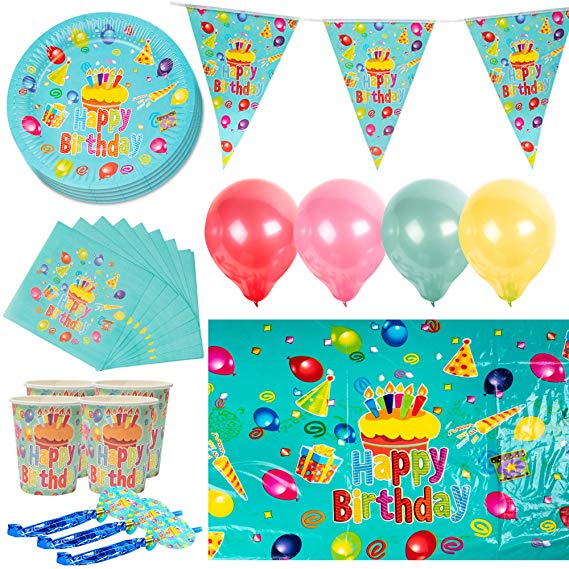 222 Pieces Disposable Birthday Tableware Party Supplies - 40 Paper Plates, 40 Cups, 40 Napkins, 40 Party Hats, 40 Noisemakers, 20 Balloons, 1 Banner, 1 Tablecloth - Perfect for Kids Girls Boys.