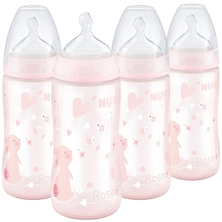 NUK Smooth Flow Anti Colic Baby Bottle, 10 oz, 4 Pack, Pink Bunnies,4 Count (Pack of 1)