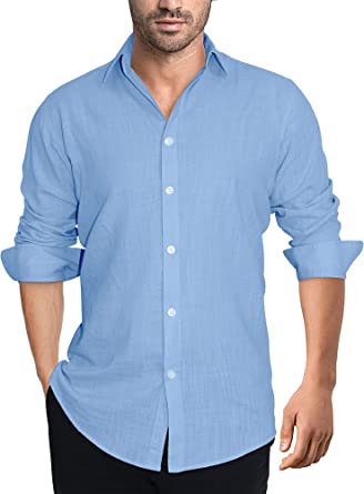 Porseme Mens Casual Shirts Linen Cotton Long Sleeve Botton Down Summer Beach Spread Collar Lightweight No Pocket Size XS-3XL
